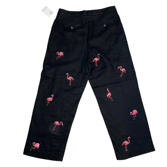 Deane & White 100% Linen Crop Black Pink Flamingo Embroidered Pants NWT Size 10 - Picture 7 of 8
